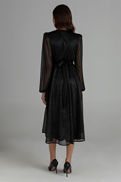 Neşeli Butik γυναικείο βραδινό φόρεμα με διπλό γιακά με λάμψη NBMY3590