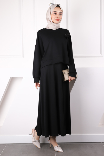 İmajButik Modal Sweat Skirt Suit with Black Rose Accessories
