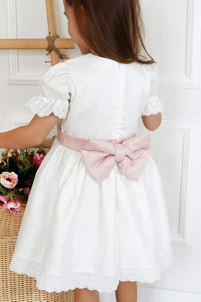 Le Mabelle Ecru Short Sleeve Girl's Dress with Pearls on the Front - Rena