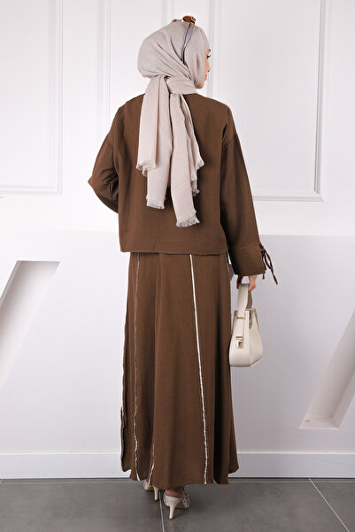 İmajButik Καφέ Λινό Σετ με Μπλούζα και Φούστα