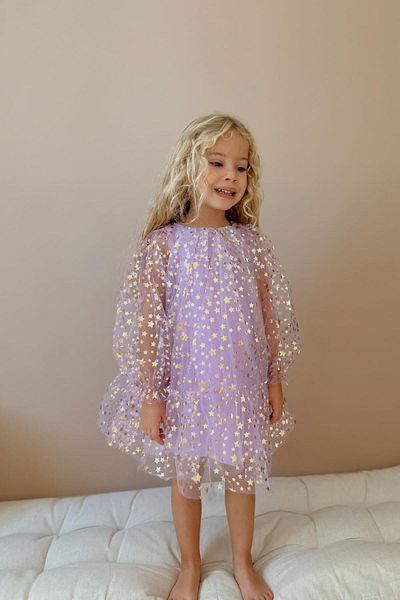 Le Mabelle Star Printed Lilac Balloon Sleeve Girl's Dress - Daria