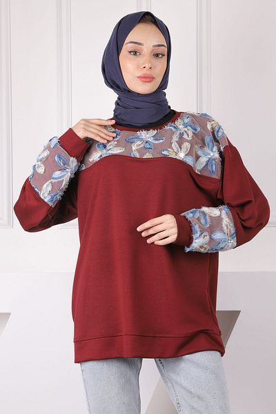 İmajButik Sweat modal cu garnitură florală din tul burgundy
