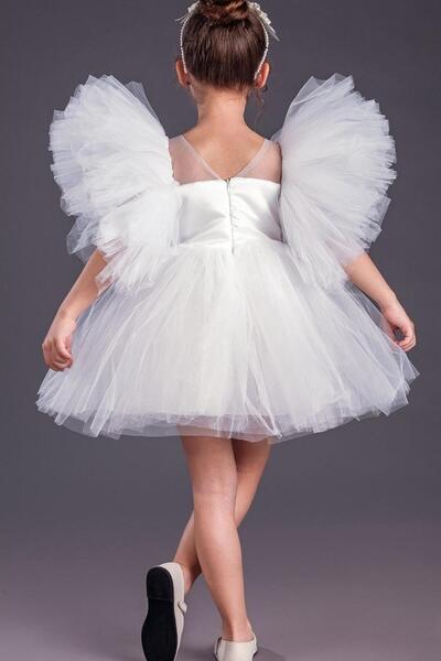 Le Mabelle White Pearl Girl's Tulle Dress with Crown Accessories - Hannah