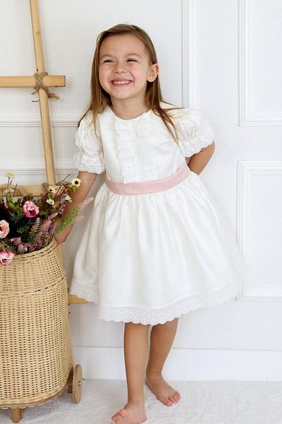 Le Mabelle Ecru Short Sleeve Girl's Dress with Pearls on the Front - Rena