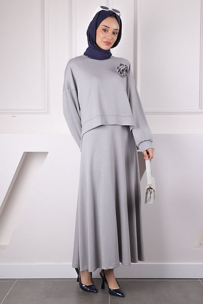 İmajButik Gray Rose Accessory Modal Sweat Skirt Suit