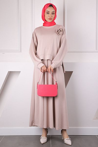 İmajButik Σετ Modal Sweat Φούστα με Μπεζ Ροζ Αξεσουάρ