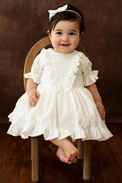 Le Mabelle Girl's Dress - White, Short Sleeve, Scallop - Vicky