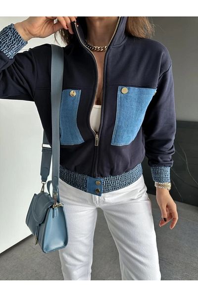 QİMYA BUTİK Klein Women's Jean Pocket Waist & Sleeve Gathered 3 Thread Knitted Coat
