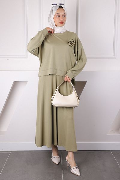 İmajButik Σετ Modal Sweat Φούστα με Αξεσουάρ Χακί Τριαντάφυλλο