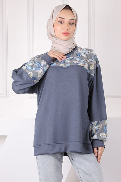 İmajButik Modal Sweat με καπνιστό τούλι γαρνιρισμένο λουλούδι
