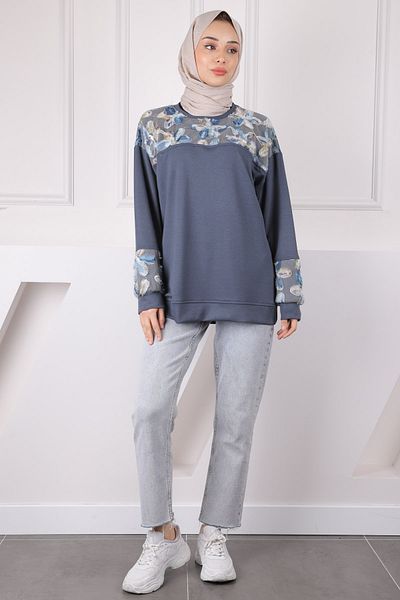 İmajButik Modal Sweat με καπνιστό τούλι γαρνιρισμένο λουλούδι