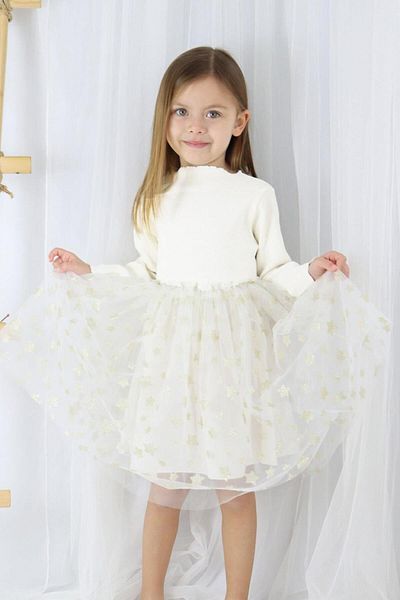 Le Mabelle Ecru Star Printed Tulle Skirt Girls' Dress - Karen