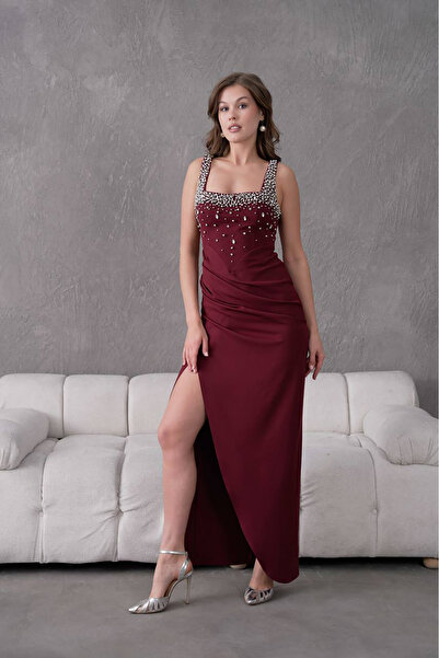 Neşeli Butik kadın taş detaylı askılı uzun abiye elbise NBS9367