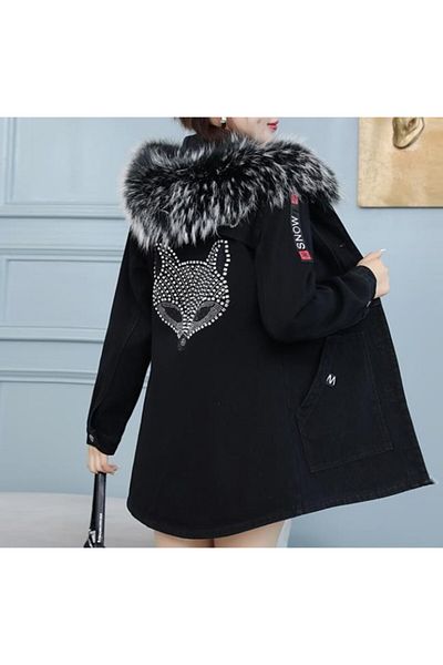 ARDSU Jachetă de blugi pentru femei brodate, glugă cu guler de blană, jachetă de blugi fleece în interior