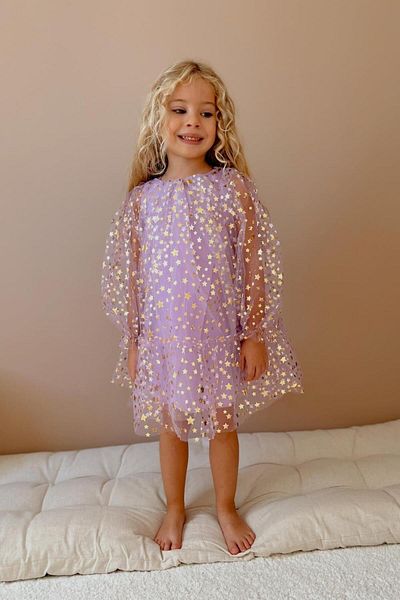 Le Mabelle Star Printed Lilac Balloon Sleeve Girl's Dress - Daria