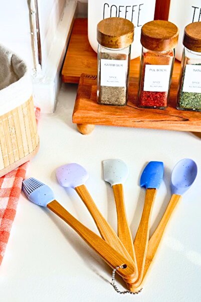 Meturas Blue Bamboo Silicone Set of 5 - Heat Resistant Spoon and Ladle Set