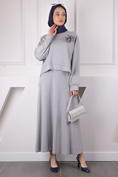 İmajButik Gray Rose Accessory Modal Sweat Skirt Suit