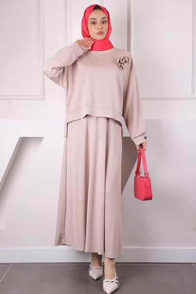 İmajButik Σετ Modal Sweat Φούστα με Μπεζ Ροζ Αξεσουάρ