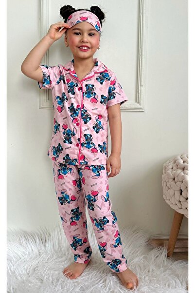 UmBaby Stitch Kız Çocuk Gömlek Yaka Düğmeli Kısa Kollu Pembe Pijama Takımı