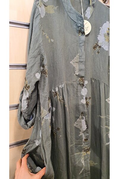 Park Moda İtalyan Elbise Çiçek Desen Robadan Uzun Keten Elbise