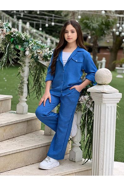 Kuzeyi Butik 3-Piece Linen Suit Including Eid Shirt, Pants and Bodysuit for Girls