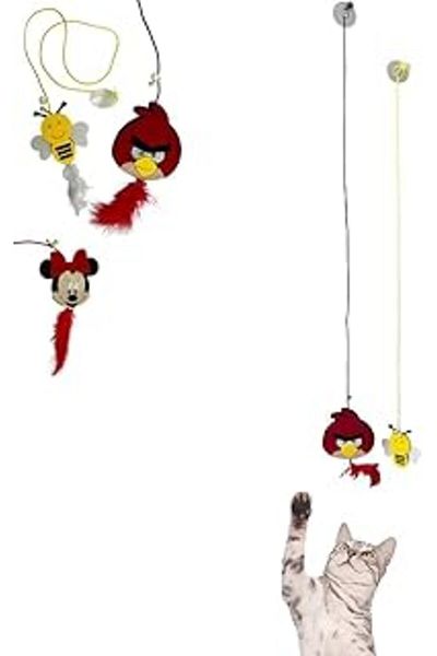 Pazarcan Aee 2 Pieces Elastic Suction Cup Cat Toy Furry Bell Cat Fishing Rod