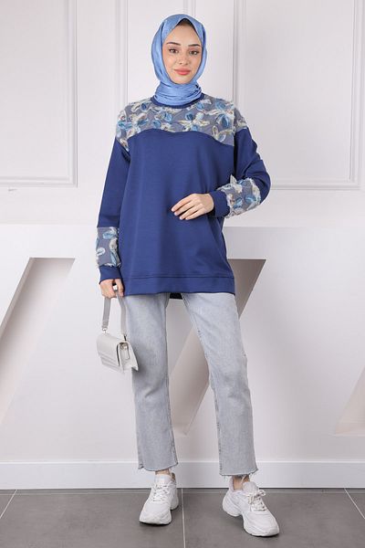 İmajButik Μπλε Navy Τούλι Flower Garnished Modal Sweat