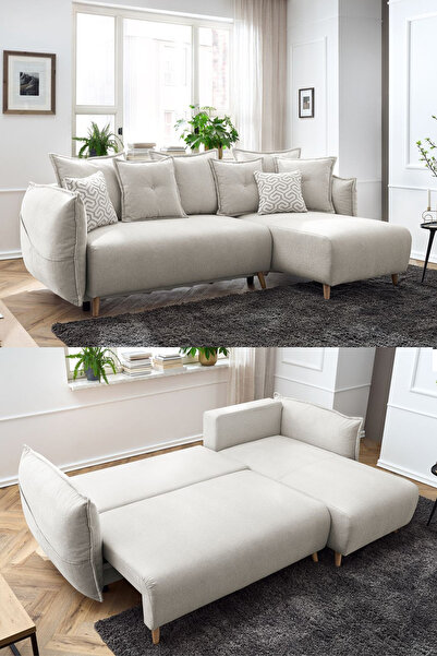 Eymense Puffy Sandıklı Köşe Koltuk Krem Sağ Köşe