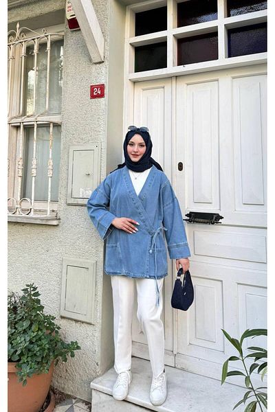 İLKCET MODA Jachetă de blugi oversize cu șireturi laterale pentru femei