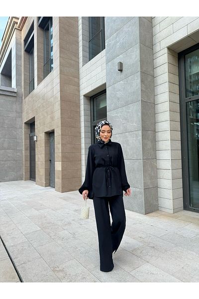 JaMolls detaliu de legare cu brâu hijab cămașă tunică lungă, pantaloni palazzo set casual elegant din două piese