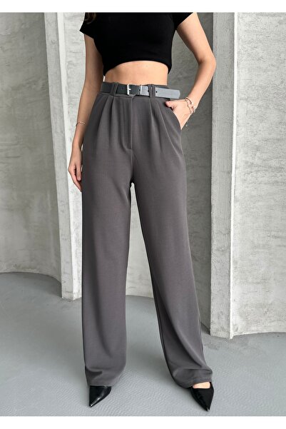modazoom Жіночі брюки з поясом, антрацитові, з високою талією, фасон палаццо