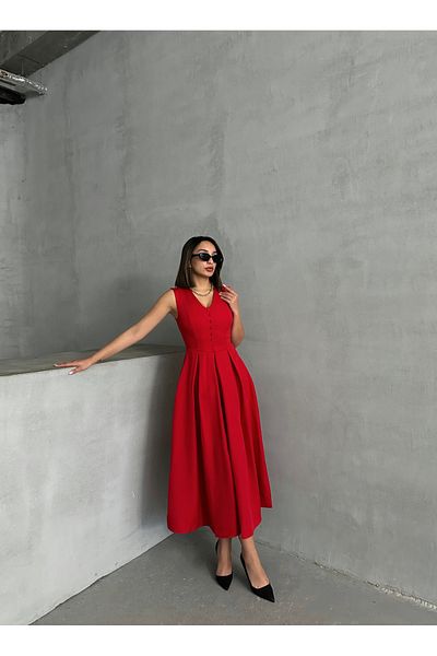 BEJNA Rotes, ärmelloses Damenkleid mit V-Ausschnitt und Knopfleiste