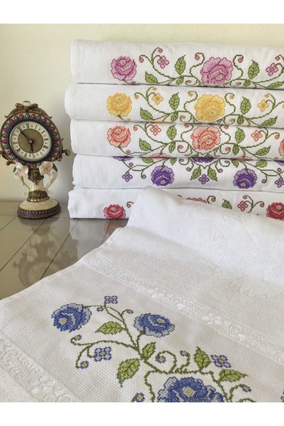 Peacock 6 Pack Cross-Stitch Embroidered Bridal Guipure Hand Towel 50x90