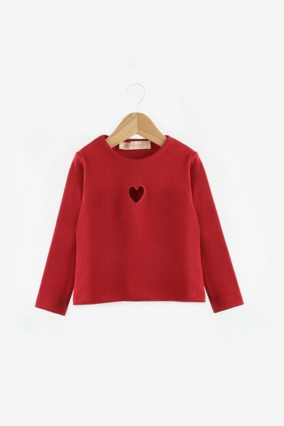 Le Mabelle Red Heart Embroidered Ribbed Girl's T-Shirt