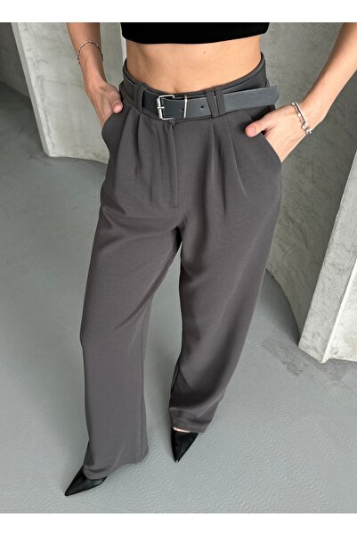 modazoom Жіночі брюки з поясом, антрацитові, з високою талією, фасон палаццо
