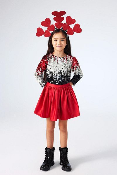 Le Mabelle Beatrice - Girl's Red Sequined Crop Skirt and Top Set