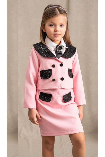 Riccotarz Girl's New Guipure Embroidered Pocket Detail and Brooch Pink Skirt Suit