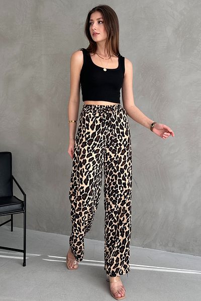 Rabi Shine Women's High Waist Leopard Print Pants with Elastic Waistband Side Pockets Wide Legs