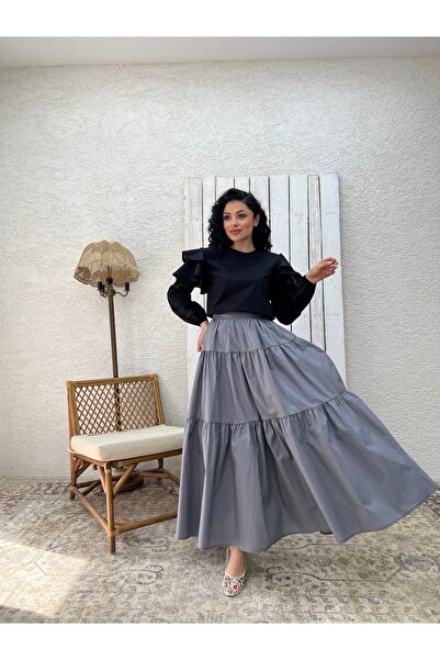 KÜÇÜĞÜM BUTİK Gri Poplin Kat Kat Etek