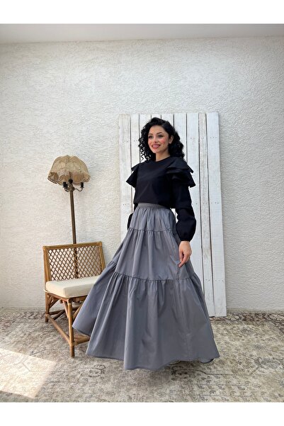 KÜÇÜĞÜM BUTİK Gri Poplin Kat Kat Etek