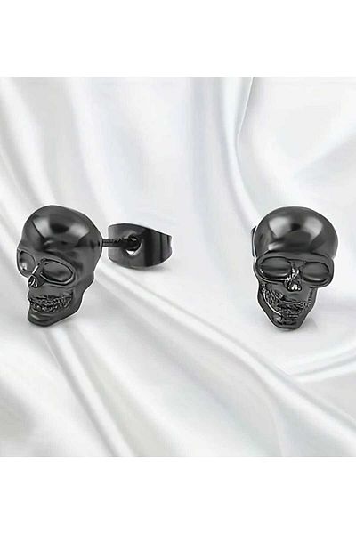 sarıyer silver Retro Vintage Stainless Steel Skull Gothic Black Dry Head Earrings