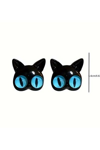 sarıyer silver Cat Head Figured Women's Earrings Big Blue Eyes Cat