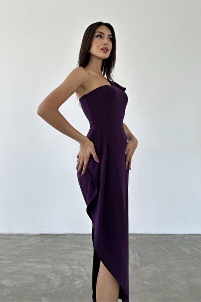Mossta Purple One Shoulder Asymmetrical Cut Ruffle Dress