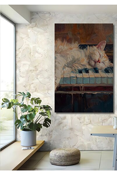 Teona Ahşap Cat Sleeping on Piano Oil Paint Look Decorative Wooden Mdf Rectan...