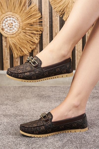 Nstil Daily Women's Brown Ballerina Ballerina Tassel and Stitching Detailed Buckle Faux Leather Comfortable Low Heeled Shoes 03