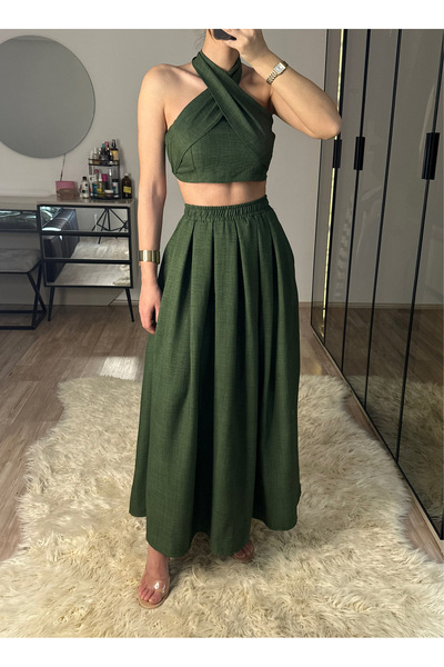 NET OF NOT Kahlan Haki Beli Lastikli Ham Keten Kumaş Etekli Bluz Takım