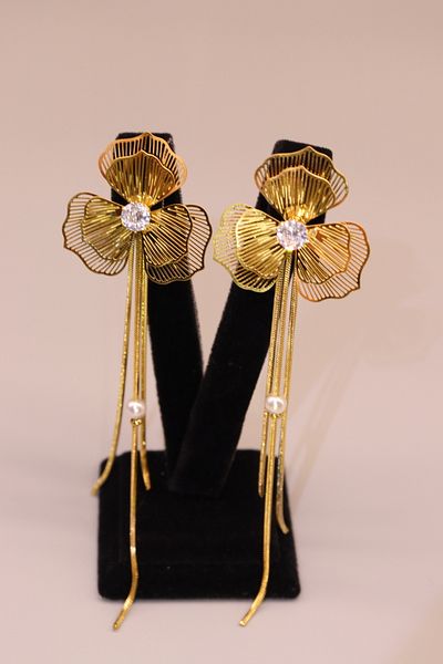 HFKY Flower Earrings with Pearls. Flower Earrings with Stone. Dangle Flower Earrings. Steel Earrings