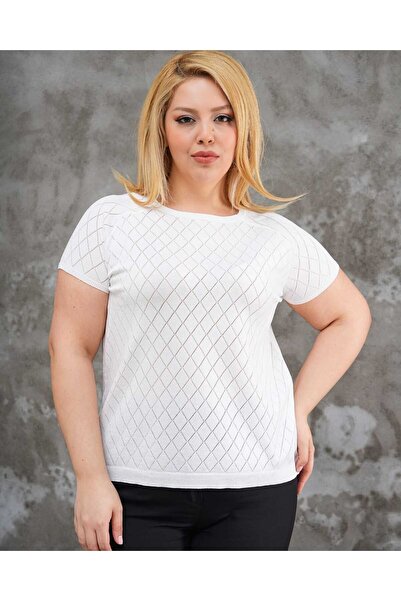 NUR TEKSTİL kadın beyaz merserize  baklava  desen  büyük beden kısa kol bluz ...