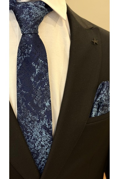 Dearmise Темно-синій та блакитний візерунковий подарунковий набір: краватка та хустинка преміум-класу