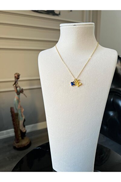 Store E Harf Kolye Yonca Charmlı Çelik Zincirli Şans Kolye